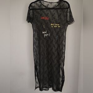 Zara Black Sheer Lace Midi Dress with Multicolor Script